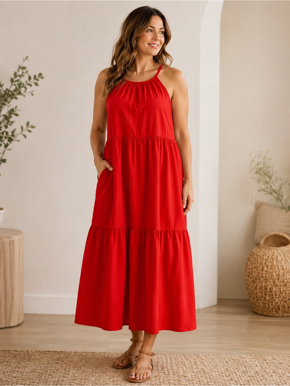 IANOVA Italy Red Cotton Blend Tiered Maxi Dress XL